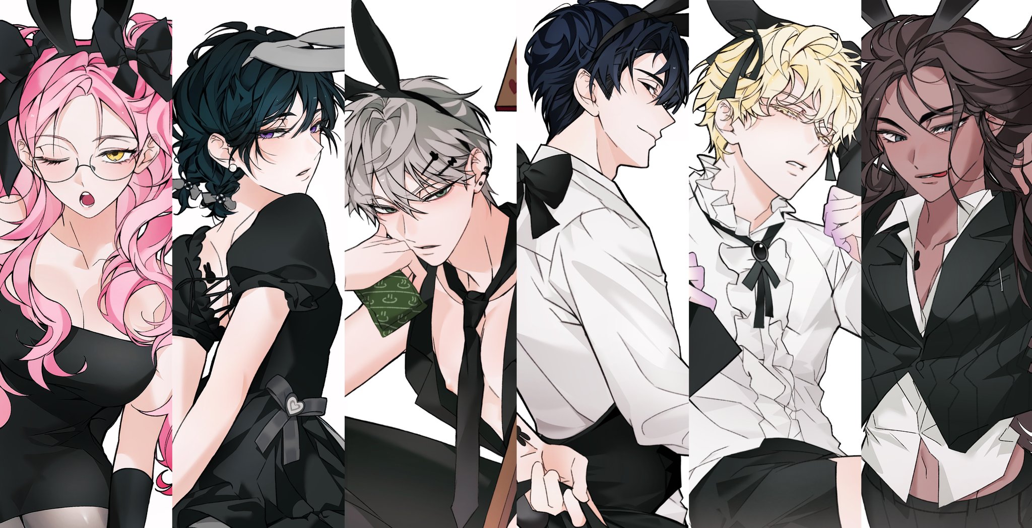 nyugi0v0, hyuna (alien stage), ivan (alien stage), luka (alien stage), mizi (alien stage), sua (alien stage), till (alien stage), alien stage, highres, 3boys, 3girls, animal ear hairband, animal ears, back tattoo, black bow, black dress, black eyes, black hair, black jacket, black necktie, black ribbon, blonde hair, bow, braid, breasts, brown hair, center frills, chest tattoo, collared shirt, colored extremities, colored eyelashes, column lineup, dress, fake animal ears, frills, glasses, green eyes, grey bow, grey eyes, grey hair, hair bow, hair ornament, hairband, hairclip, jacket, long hair, multiple boys, multiple girls, multiple hair bows, neck ribbon, necktie, official alternate costume, pink hair, puffy short sleeves, puffy sleeves, purple eyes, rabbit ears, rabbit tattoo, ribbon, shirt, short hair, short sleeves, strapless, strapless dress, tattoo, tongue, tongue out, twin braids, two side up, very short hair, white shirt, yellow eyes