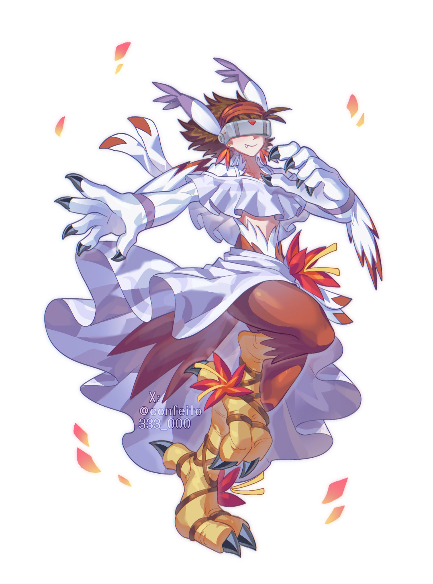 confeito000 333, silphymon, digimon, highres, brown hair, digimon (creature), fang, full body, head-mounted display, simple background, skirt, solo, white background, white skirt