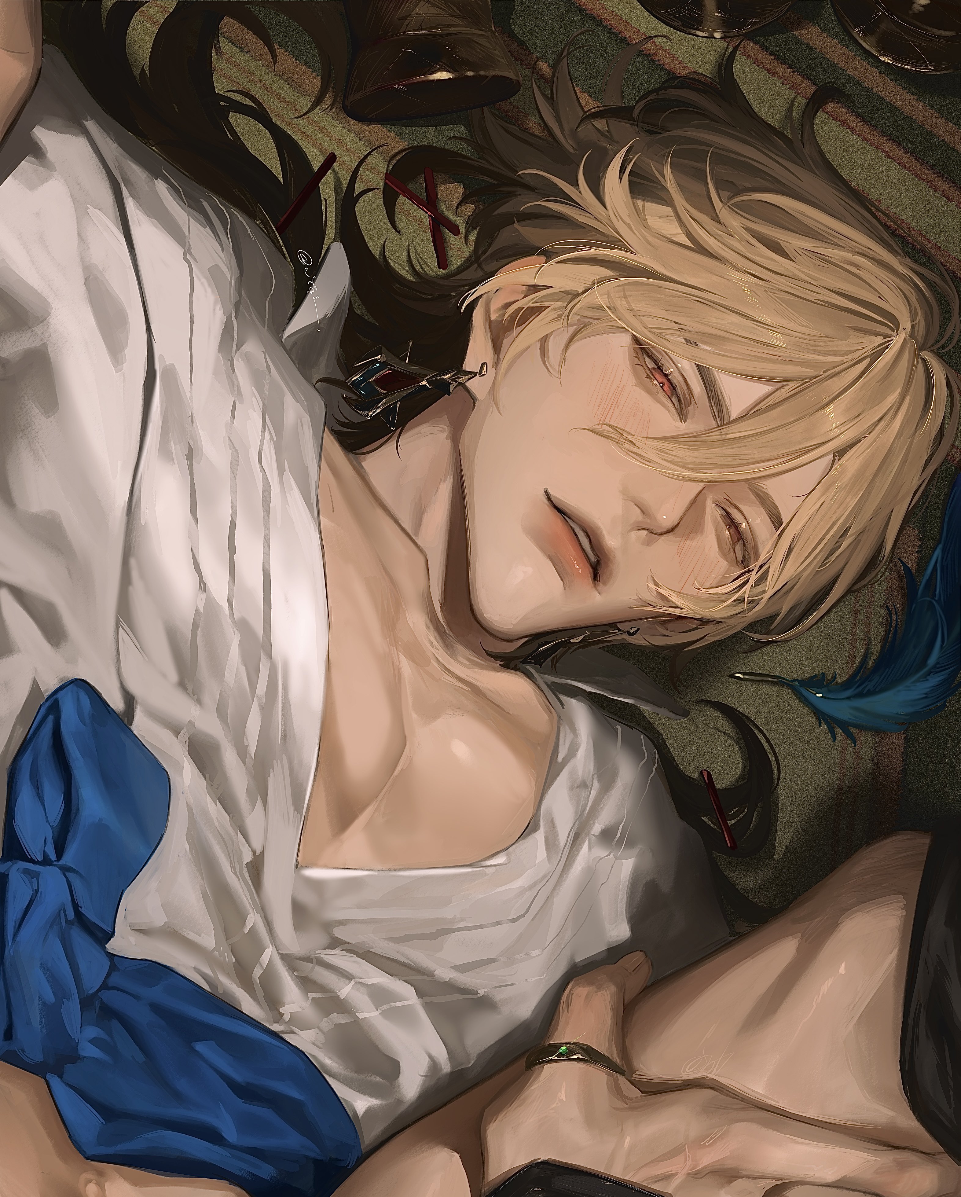 vyqi, alhaitham (genshin impact), kaveh (genshin impact), genshin impact, absurdres, highres, 2boys, black gloves, black pants, blonde hair, blue sash, blush, clothes pull, collarbone, cup, earrings, feather hair ornament, feathers, gloves, hair between eyes, hair ornament, hairclip, implied sex, indoors, jewelry, long hair, looking at viewer, lying, male focus, medium hair, multiple boys, on back, on floor, open clothes, open mouth, open shirt, out-of-frame censoring, out of frame, pants, pants pull, parted lips, pectoral cleavage, pectorals, pov, pov hands, red eyes, ring, sash, shirt, short hair, single earring, solo focus, spread legs, teeth, thigh grab, unworn hair ornament, unworn hairclip, upper body, white shirt, yaoi