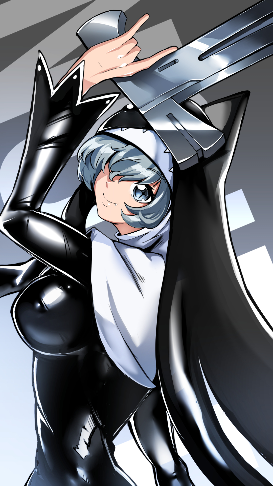 hisuikouha, sistermon noir, digimon, highres, 1girl, black dress, breasts, character name, digimon (creature), dress, fang, grey background, grey eyes, grey hair, gun, hair over one eye, holding, holding gun, holding weapon, large breasts, simple background, smile, solo, upper body, weapon