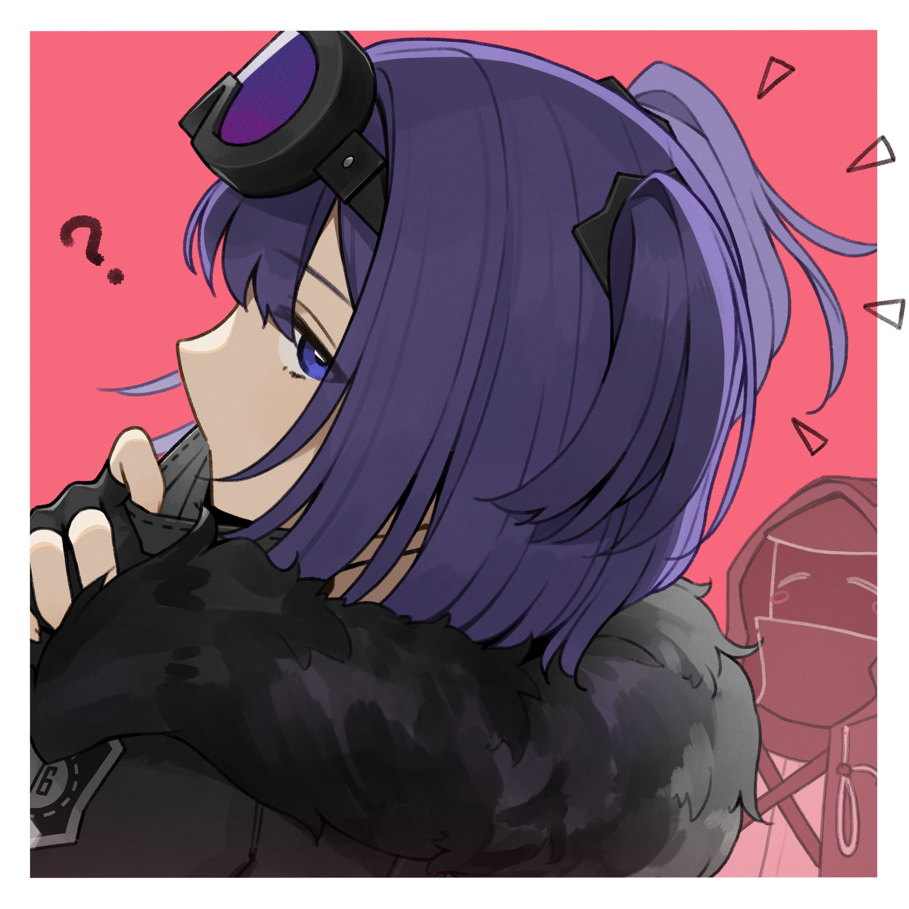 shoujo l, andreana (arknights), doctor (arknights), arknights, absurdres, highres, 1girl, 1other, ?, ^ ^, ambiguous gender, black gloves, black jacket, blue eyes, blush stickers, border, closed eyes, eyes visible through hair, fingerless gloves, from behind, fur-trimmed jacket, fur trim, gloves, goggles, goggles on head, hair over one eye, hood, hood up, hooded jacket, jacket, looking at viewer, mask, mask pull, mouth mask, notice lines, open clothes, open jacket, patch, pink background, purple hair, short hair, short twintails, solo focus, twintails, white border