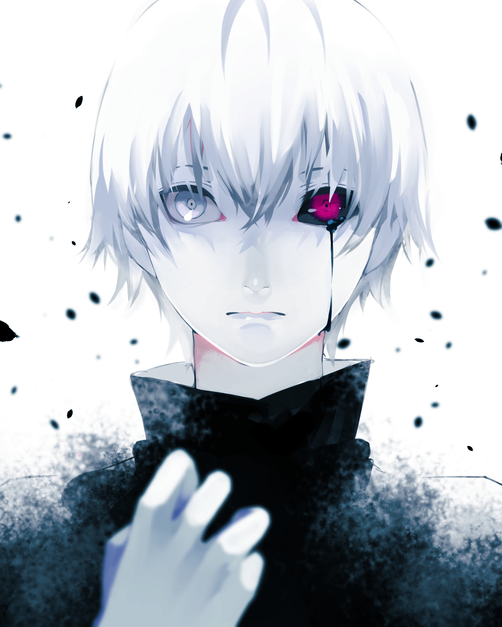 akuan (7jackpot7), kaneki ken, tokyo ghoul, bad id, bad pixiv id, highres, 1boy, black sclera, black shirt, closed mouth, colored sclera, crying, crying with eyes open, hair between eyes, heterochromia, looking at viewer, male focus, nose, red eyes, shirt, short hair, simple background, solo, tears, white background, white eyes, white hair