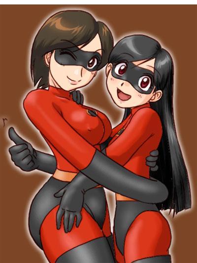 purple bonus, elastigirl, helen parr, violet parr, the incredibles, 2girls, age difference, bodysuit, breasts, covered erect nipples, domino mask, hug, large breasts, latex, long hair, looking at viewer, mask, mature female, mother and daughter, multiple girls, open mouth, short hair, skin tight, small breasts, smile, wink