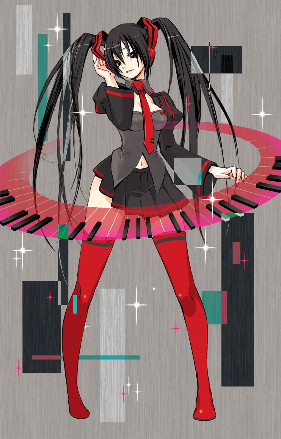 gin (oyoyo), zatsune miku, vocaloid, highres, 1girl, alternate color, black hair, female focus, grey eyes, legs, long hair, navel, red thighhighs, solo, thighhighs, twintails, zettai ryouiki