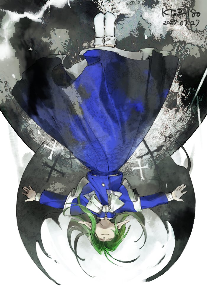kaigen 1025, mima (touhou), touhou, touhou (pc-98), 1girl, blue capelet, blue dress, blue vest, bow, bowtie, capelet, closed mouth, dark, dress, floating hair, frilled capelet, frills, green hair, long dress, long sleeves, no headwear, pointy ears, socks, upside-down, vest, white bow, white bowtie, white socks, wings