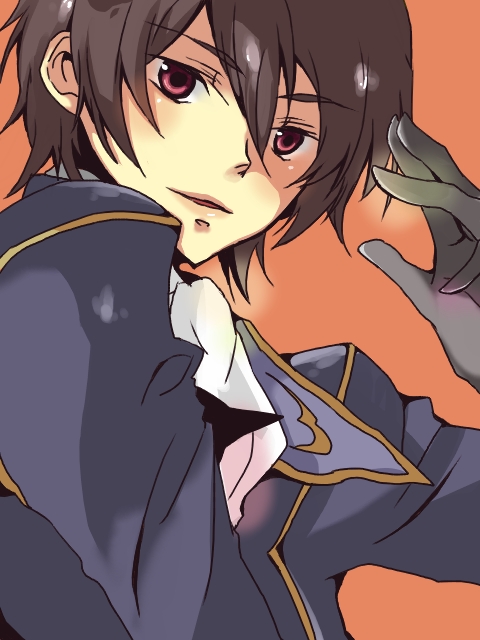 hatsuko, lelouch vi britannia, code geass, bad id, bad pixiv id, 00s, 1boy, ascot, brown hair, looking at viewer, male focus, military, military uniform, orange background, red eyes, salute, simple background, solo, upper body