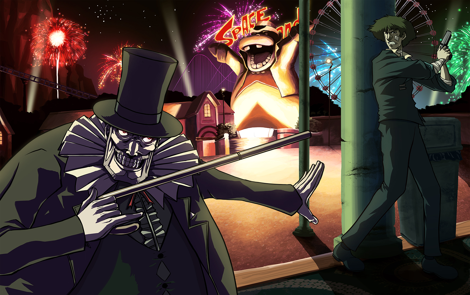 corey miller, mad pierrot, spike spiegel, cowboy bebop, 1990s (style), 2boys, aerial fireworks, amusement park, bandages, cane, cane gun, clown, fireworks, gloves, gun, handgun, hat, hippopotamus, iwi jericho 941, male focus, multiple boys, neck ruff, night, pierrot le fou, pinky out, pistol, retro artstyle, smile, top hat, weapon