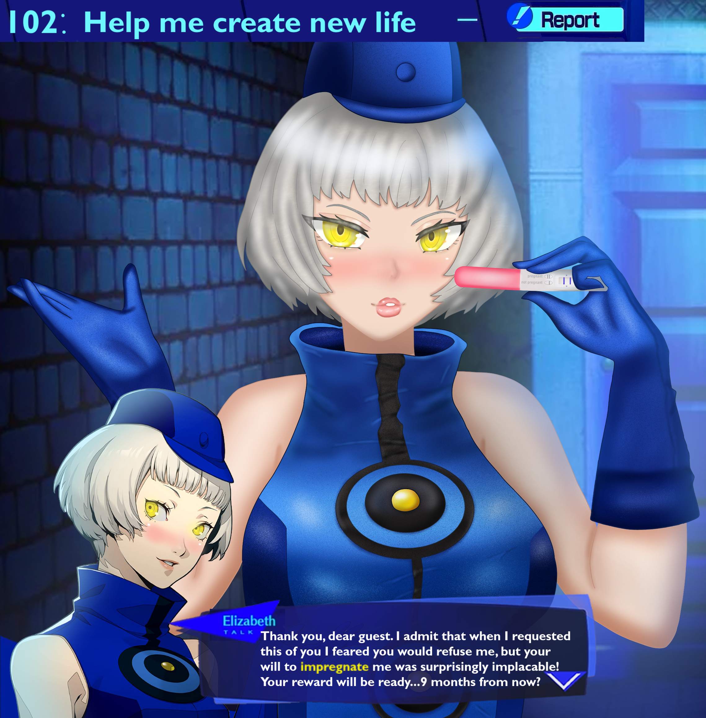 eddarxart, elizabeth (persona), persona, persona 3, persona 3 reload, highres, translated, 1girl, bare shoulders, blue dress, blue gloves, blue hat, blush, bob cut, breasts, character name, dialogue box, dress, english text, gameplay mechanics, gloves, glowing, glowing eyes, hat, high collar, holding, impregnation, looking at viewer, medium breasts, outdoors, pink lips, portrait, pregnancy test, pregnant, puffy lips, requesting impregnation, short hair, sleeveless, sleeveless dress, sleveless, solo, speech bubble, talking, velvet room, white hair, yellow eyes