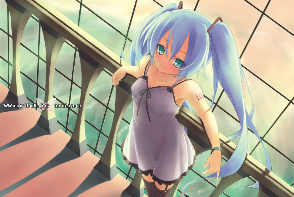 ryo (botugo), hatsune miku, vocaloid, world is mine (vocaloid), bad id, bad pixiv id, blue hair, garter belt, green eyes, long hair, solo, string, string of fate, thighhighs, twintails, zettai ryouiki