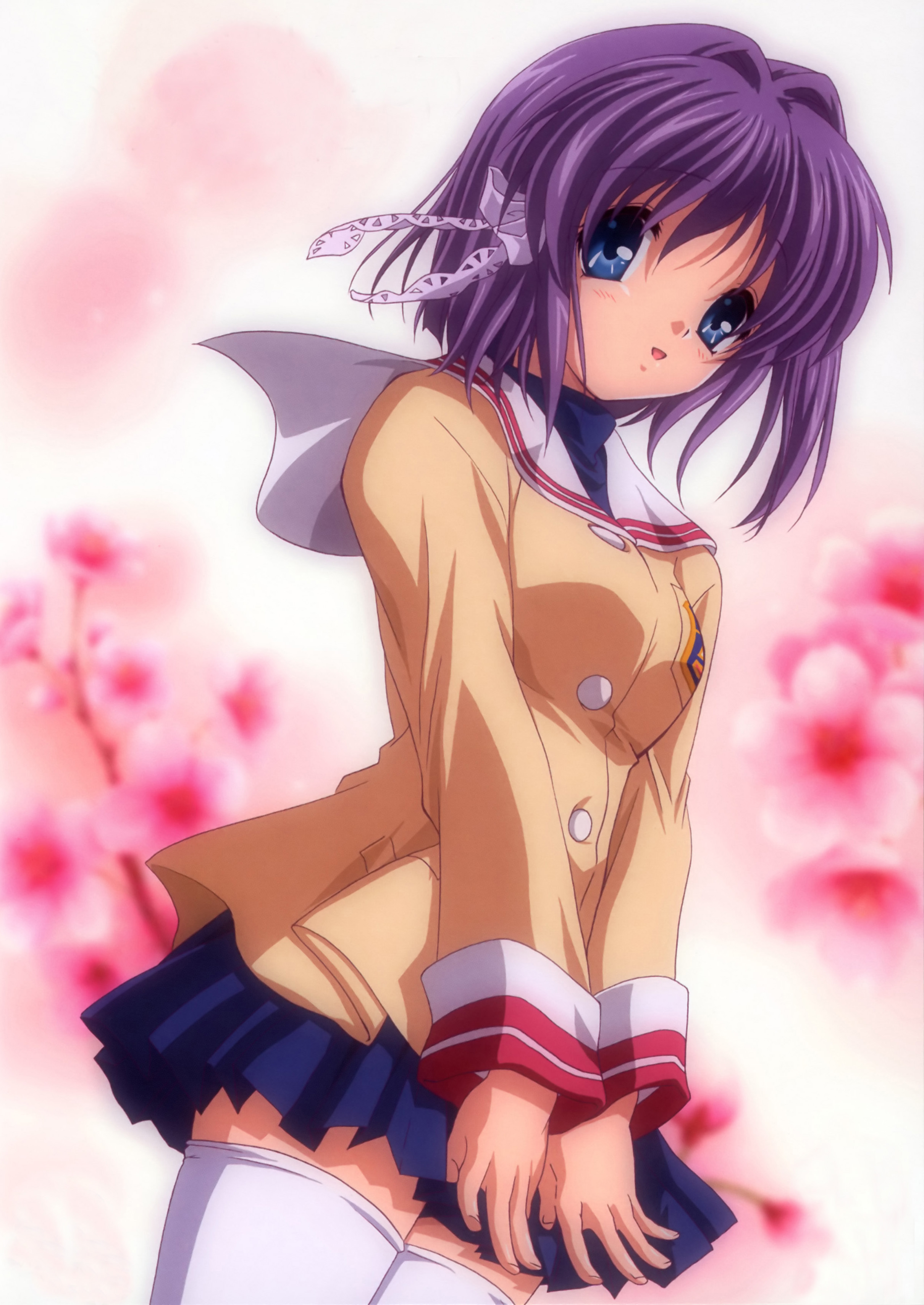 fujibayashi ryou, clannad, absurdres, duplicate, highres, scan, 00s, 1girl, blue eyes, cover, cover page, female focus, purple hair, school uniform, serafuku, short hair, solo, thighhighs