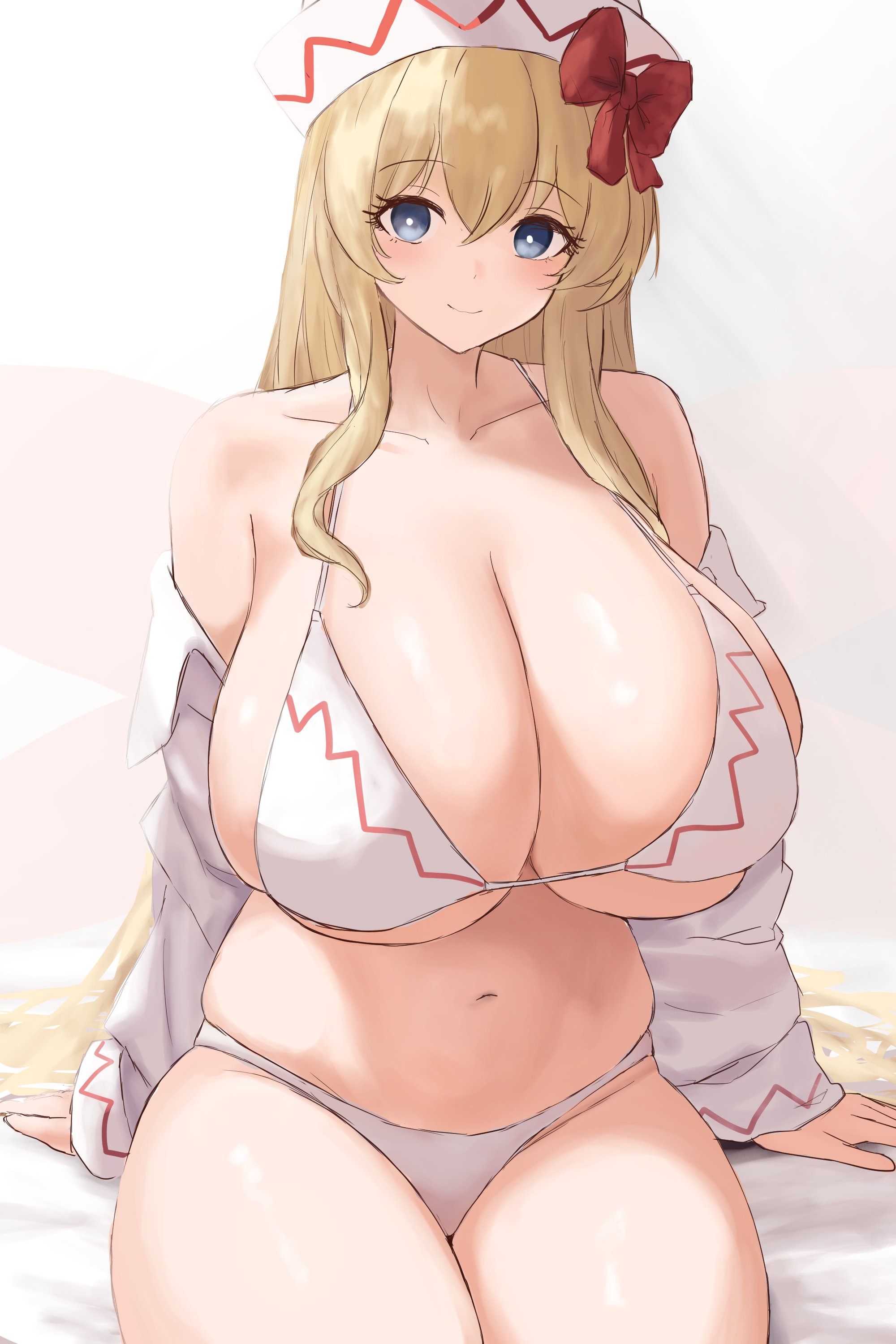 moriforest1040, lily white, touhou, absurdres, commentary request, highres, 1girl, bed sheet, bikini, blonde hair, blue eyes, bow, breasts, bright pupils, cleavage, closed mouth, clothes down, collarbone, eyelashes, hat, hat bow, huge breasts, legs together, light smile, long hair, looking at viewer, navel, red bow, shirt, sidelocks, sitting, solo, swimsuit, very long hair, white bikini, white hat, white pupils, white shirt