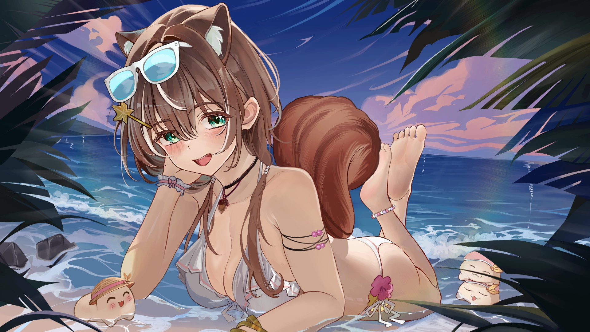 ayunda risu, hololive, hololive indonesia, highres, 1girl, acorn pendant, alternate costume, animal ears, anklet, ass, barefoot, beach, bikini, blue sky, breasts, brown hair, choppy bangs, cleavage, crossed ankles, feet, feet up, flower ornament, green eyes, hair ornament, hairpin, head rest, jewelry, legs, legs up, looking at viewer, low twintails, lying, mascot, medium breasts, ocean, on stomach, outdoors, palm leaf, sand, senrankagura101, sky, soles, solo, squirrel ears, squirrel girl, squirrel tail, sunglasses, swimsuit, tail, the pose, toes, twintails, virtual youtuber, white bikini