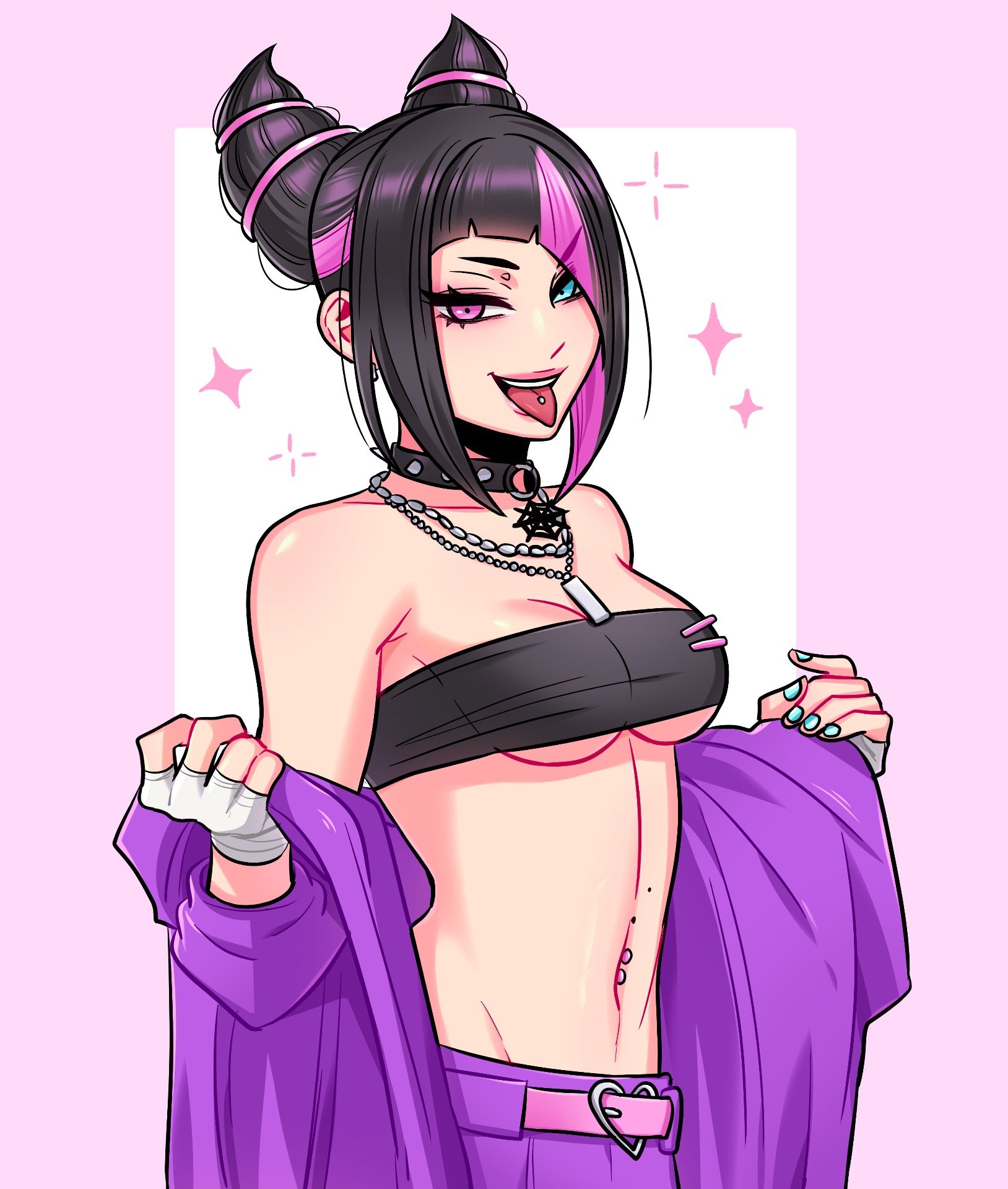 terokich, han juri, street fighter, street fighter 6, hashtag-only commentary, highres, 1girl, bare shoulders, breasts, cleavage, collar, fingerless gloves, gloves, green eyes, hair horns, heterochromia, jewelry, looking at viewer, medium breasts, multicolored hair, navel piercing, necklace, piercing, pink eyes, pink hair, smile, solo, spiked collar, spikes, tongue, tongue piercing, two-tone hair, white gloves