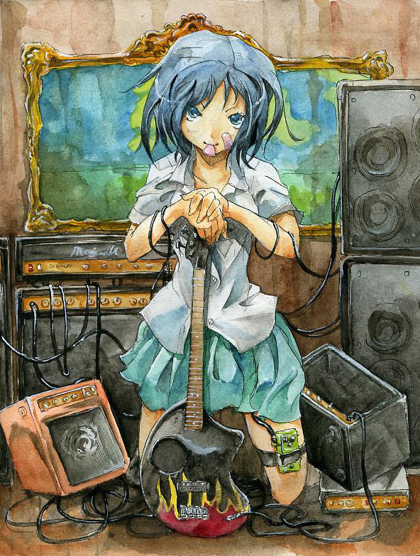 bass1, bandaid, blue hair, guitar, instrument, kneeling, mouth hold, music, solo, speaker