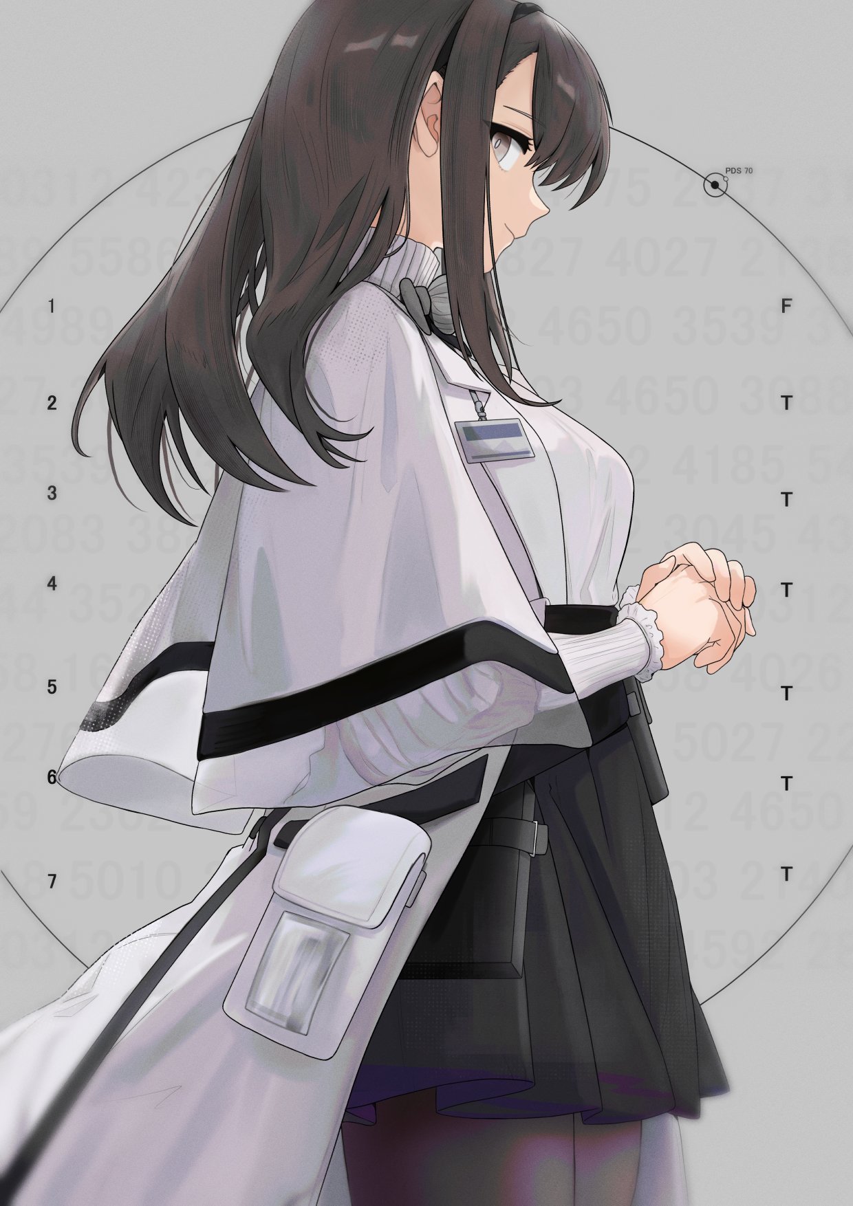 sora mame (princess 0sora), priestess (arknights), arknights, commentary, highres, symbol-only commentary, 1girl, black pantyhose, black skirt, brown hair, closed mouth, coat, cowboy shot, from side, grey background, grey eyes, lab coat, long sleeves, looking at viewer, medium hair, own hands together, pantyhose, profile, sideways glance, skirt, solo, standing, sweater, turtleneck, turtleneck sweater, white coat, white sweater