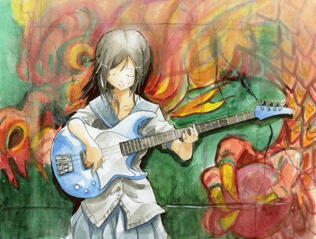 bass1, 1girl, bass guitar, brown hair, closed eyes, dragon, female focus, graffiti, guitar, instrument, music, solo