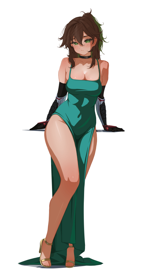 sansha art, original, commentary, commission, english commentary, 1girl, bare shoulders, black choker, black gloves, breasts, brown hair, choker, cleavage, closed mouth, collarbone, double-parted bangs, dress, elbow gloves, freckles, full body, gloves, gold shoes, green dress, green eyes, hair between eyes, high heels, large breasts, looking at viewer, medium hair, shoes, sidelocks, simple background, single bare leg, solo, standing, tight clothes, tight dress, toes, white background