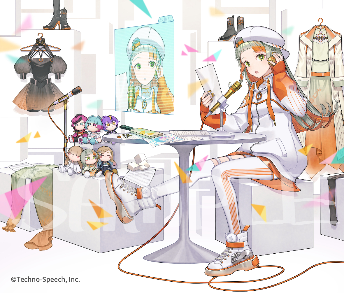 cherico, chis-a, kirune (voisona), satou sasara, cevio, voisona, commentary request, official art, 1girl, aisuu (voisona), backwards hat, black dress, black shoes, braid, character doll, clothes hanger, company name, copyright notice, cube, doll, dress, full body, green eyes, green hair, hat, holding, holding paper, hologram, jacket, long sleeves, multicolored hair, myk-iv, orange hair, pantyhose, paper, puffy long sleeves, puffy short sleeves, puffy sleeves, sample watermark, shoes, short sleeves, single leg pantyhose, single sock, sitting, sleeves past wrists, socks, solo, table, tanaka san, triangle, two-tone hair, watermark, white hat, white jacket, white pantyhose, white shoes, white socks