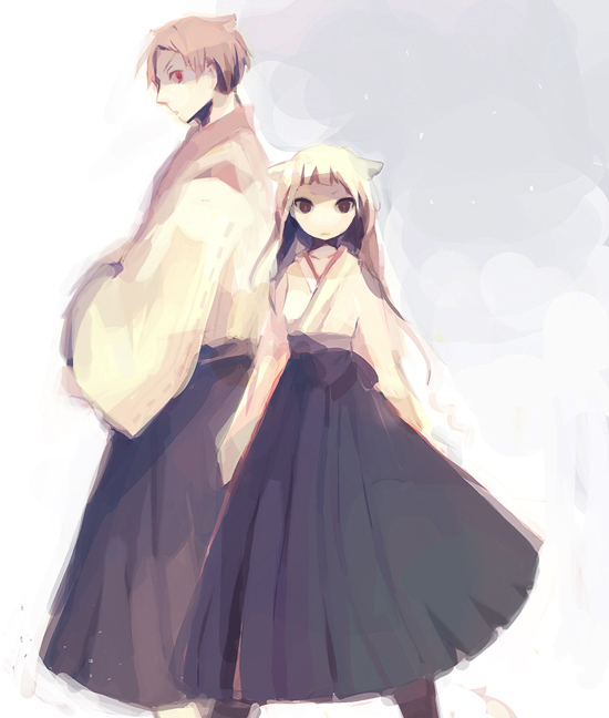 keko, 1boy, 1girl, animal ears, couple, hetero, japanese clothes, white hair
