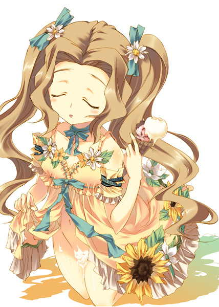 onodera, nunnally vi britannia, code geass, 00s, brown hair, closed eyes, flower, food, ice cream, long hair, no panties, solo, sunflower, twintails