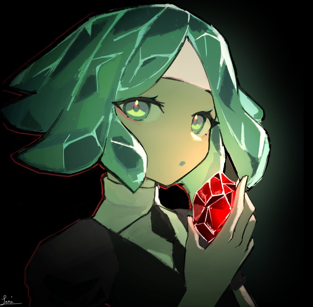 phosphophyllite, houseki no kuni, commentary, hashtag-only commentary, 1other, androgynous, aqua eyes, aqua hair, black background, black necktie, eyelashes, gem, gem uniform (houseki no kuni), holding, holding gem, lemischer, looking at viewer, necktie, open mouth, other focus, red gemstone, signature, simple background, upper body