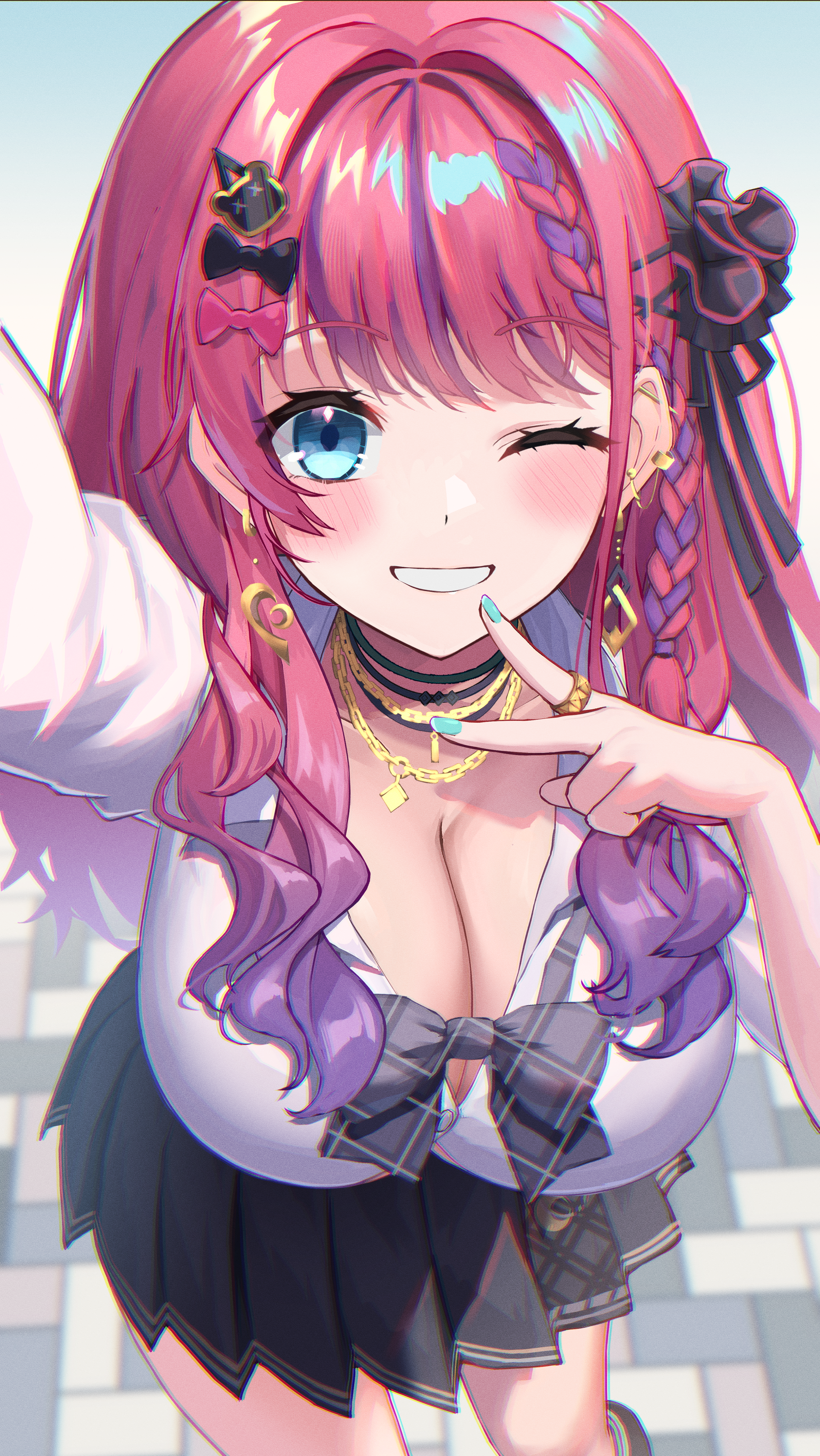 ami no fuda, kuramochi meruto, kuramochi meruto (school uniform), nijisanji, absurdres, highres, 1girl, amesuku gyaru, arm up, barbell piercing, black skirt, blue bow, blue bowtie, blue eyes, blush, bow, bowtie, braid, breasts, button gap, cleavage, collared shirt, cowboy shot, ear piercing, earrings, gradient hair, green nails, gyaru, hair bow, hair ornament, hair ribbon, hairclip, industrial piercing, jewelry, kogal, large breasts, long hair, looking at viewer, loose bowtie, miniskirt, multicolored hair, multiple necklaces, one eye closed, parted lips, partially unbuttoned, pavement, piercing, pink hair, plaid bow, plaid bowtie, plaid clothes, pleated skirt, purple hair, ribbon, school uniform, selfie, shirt, side braid, simple background, skirt, smile, solo, teeth, tented shirt, thighs, tied shirt, v, virtual youtuber, white shirt