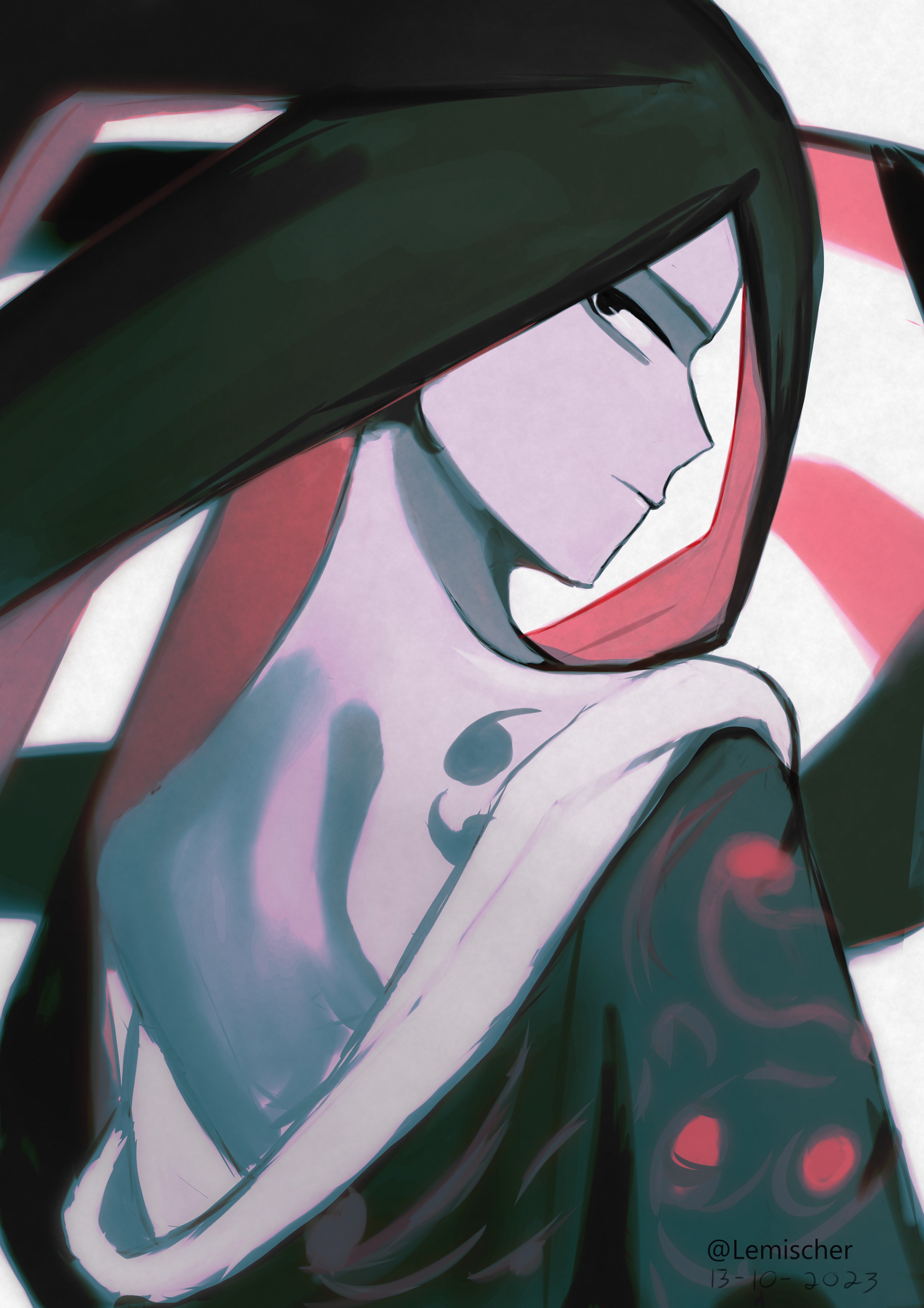 bort, houseki no kuni, absurdres, commentary, english commentary, highres, 1other, alternate costume, androgynous, artist name, backless dress, backless outfit, black dress, black hair, closed mouth, colored inner hair, dress, lemischer, long hair, looking at viewer, looking back, multicolored hair, other focus, red hair, twitter username, two-tone hair, very long hair