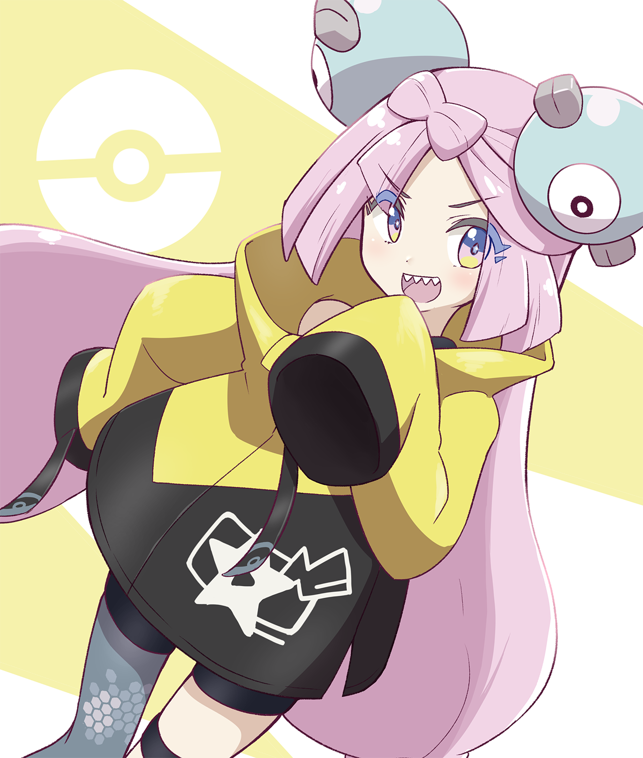 kyousuke (orcein), iono (pokemon), magnemite, nintendo, pokemon, pokemon sv, commentary request, highres, 1girl, asymmetrical legwear, black shorts, black straps, black trim, bow-shaped hair, cowboy shot, double bun, dutch angle, fake hair bun, floating hair, gen 1 pokemon, grey leggings, grin, hair bun, hexagon print, hood, hoodie, leggings, lightning bolt print, long hair, looking at viewer, open mouth, oversized clothes, pink eyes, pink hair, poke ball, sharp teeth, shorts, single leg pantyhose, single strap, sleeves past fingers, sleeves past wrists, smile, solo, star (symbol), star print, teeth, thigh strap, upper teeth only, v-shaped eyebrows, white background, yellow background, yellow hoodie