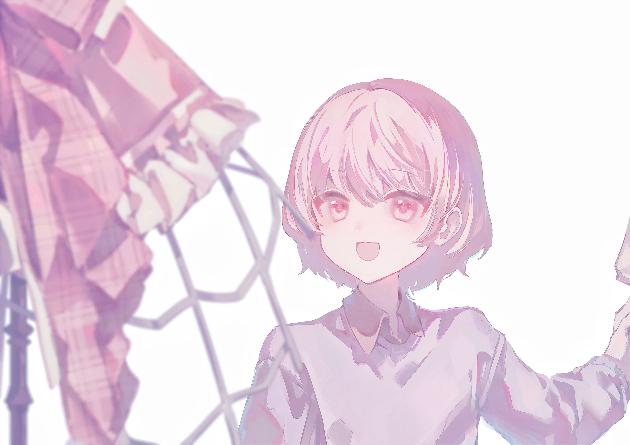 phlic, akiyama mizuki, akiyama mizuki (middle school), project sekai, highres, 1other, :d, aged down, arm at side, collared shirt, frilled skirt, frills, hair between eyes, hand up, long sleeves, looking ahead, open mouth, other focus, pink eyes, pink hair, pink skirt, purple shirt, shirt, short hair, simple background, skirt, smile, solo, swept bangs, white background