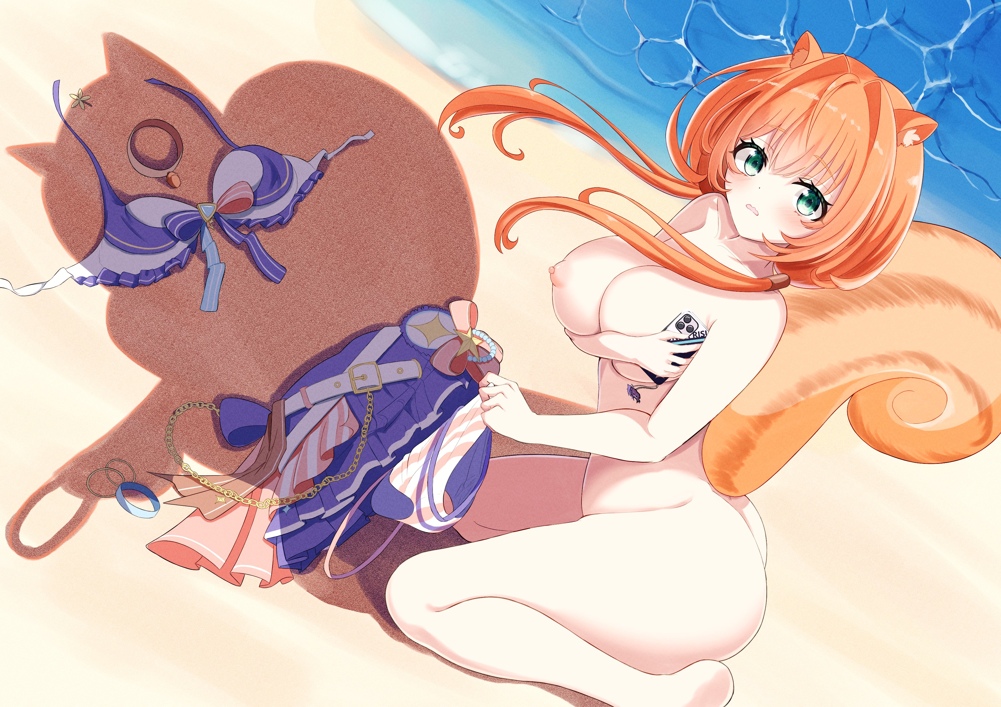 kago usagi, ayunda risu, hololive, hololive indonesia, absurdres, highres, 1girl, acorn pendant, animal ears, anklet, ass, beach, bikini, blush, breasts, brown hair, caught, choppy bangs, clothes on floor, covering breasts, covering privates, dressed shadow (meme), embarrassed, fur choker, green eyes, hair ornament, holding, holding phone, holding unworn clothes, jewelry, kneeling, large breasts, looking at viewer, looking back, low twintails, meme, nipples, nude, ocean, official alternate costume, outdoors, phone, public indecency, public nudity, sand, skirt, solo, squirrel ears, squirrel girl, squirrel tail, surprised, swimsuit, tail, twintails, unworn clothes, virtual youtuber