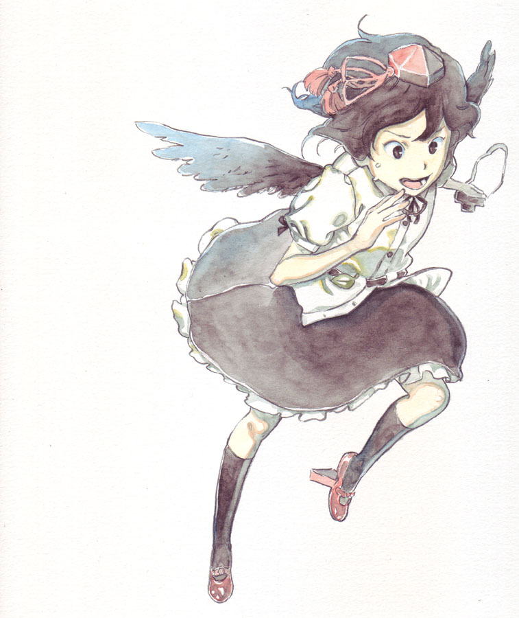 aka renga, raian, shameimaru aya, touhou, looking away, traditional media, 1girl, camera, female focus, geta, hat, open mouth, running, solo, sweat, tengu-geta