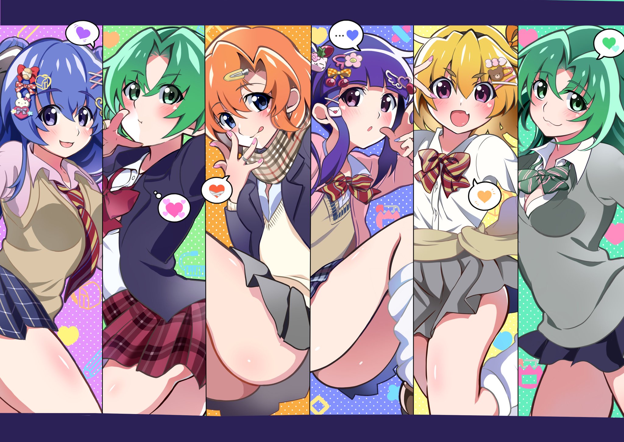 mashimaro tabetai, furude rika, houjou satoko, ryuuguu rena, sonozaki mion, sonozaki shion, higurashi no naku koro ni, character request, highres, 6+girls, ass, hair ornament, hairpin, harajuku fashion, looking at viewer, multiple girls, school uniform, smile, thighs, upskirt