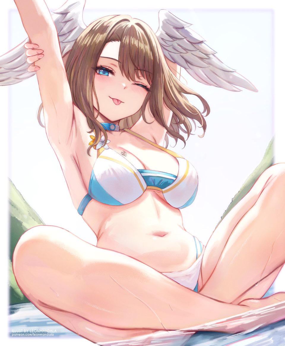 leonmandala, eunie (xenoblade), xenoblade chronicles (series), xenoblade chronicles 3, 1girl, armpits, arms up, bare shoulders, bikini, blue bikini, blue choker, blue eyes, blush, breast tattoo, breasts, brown hair, choker, crossed legs, feathered wings, head wings, large breasts, long hair, looking at viewer, medium hair, multicolored bikini, navel, official alternate costume, one eye closed, sitting, smile, solo, stomach, stretching, swimsuit, tattoo, tongue, tongue out, water, white bikini, white choker, white wings, wings