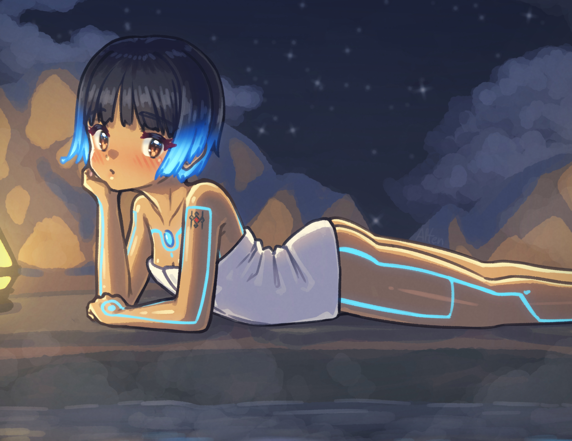 alten, sena (xenoblade), xenoblade chronicles (series), xenoblade chronicles 3, commentary, english commentary, highres, 1girl, ass, blue hair, blush, body markings, brown eyes, collarbone, dark-skinned female, dark skin, eyelashes, glowing lines, glowing markings, looking at viewer, lying, naked towel, night, night sky, on stomach, short hair, shoulder tattoo, sky, solo, star (sky), tattoo, towel