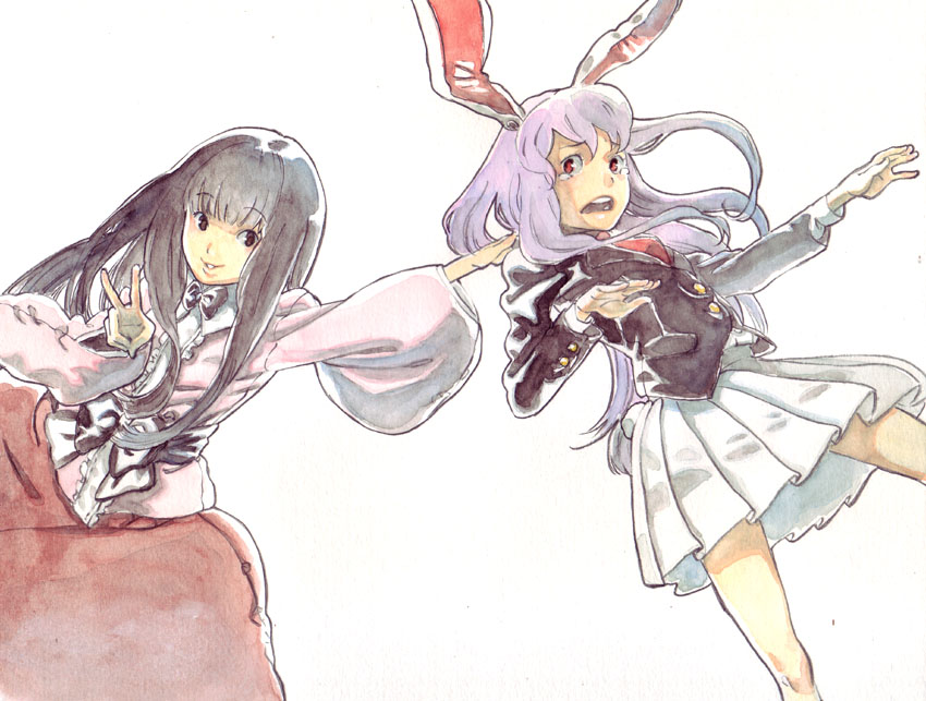 aka renga, raian, houraisan kaguya, reisen udongein inaba, touhou, grabbing, traditional media, 2girls, animal ears, black hair, female focus, long hair, long sleeves, looking at viewer, multiple girls, pleated skirt, purple eyes, rabbit ears, red eyes, red skirt, simple background, skirt, very long hair, white background, white skirt