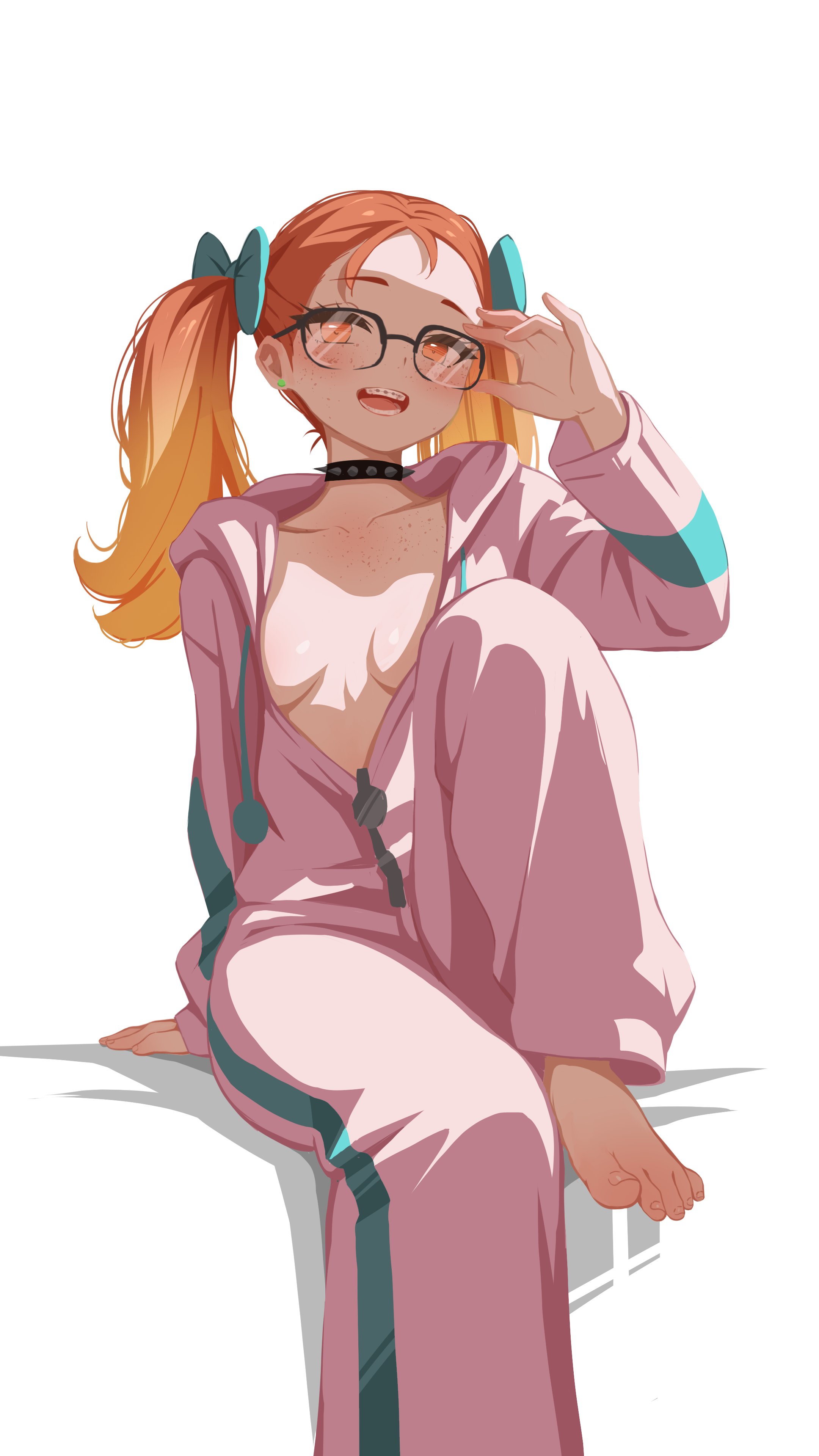 sansha art, original, absurdres, commentary, commission, english commentary, highres, 1girl, adjusting eyewear, barefoot, black choker, bow, braces, breasts, breasts apart, choker, earrings, feet, freckles, glasses, green bow, hair bow, hand on eyewear, hand up, hood, hood down, hoodie, jewelry, knee up, long hair, long sleeves, looking at viewer, open mouth, orange eyes, orange hair, partially unzipped, pink hoodie, simple background, sitting, small breasts, solo, spiked choker, spikes, stud earrings, toes, twintails, white background, zipper, zipper pull tab