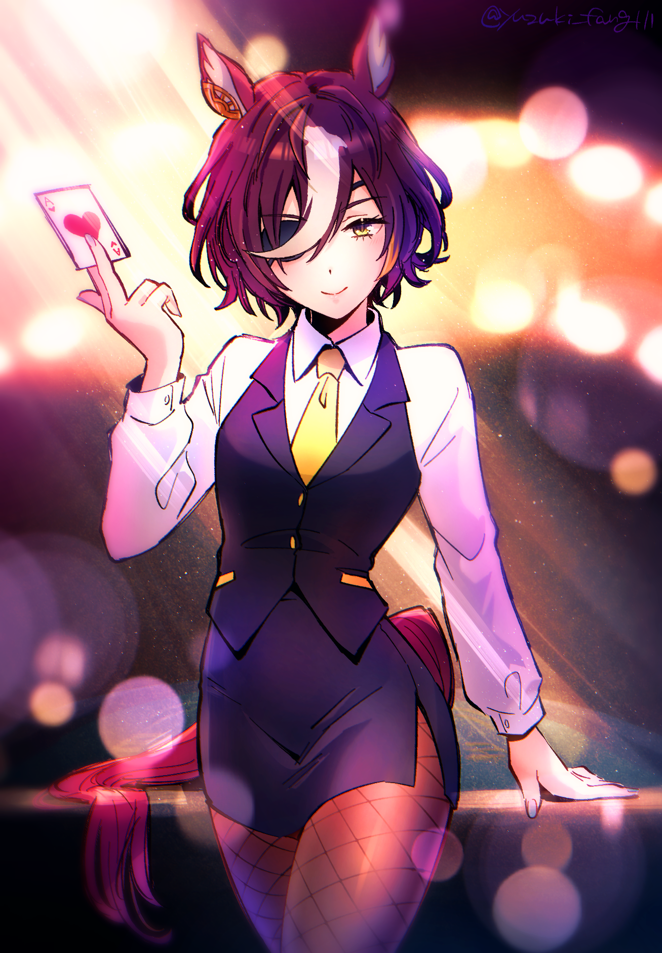 yuzuki v, tanino gimlet (umamusume), umamusume, highres, 1girl, ace (playing card), ace of hearts, animal ears, arm support, between fingers, black skirt, black vest, blurry, blurry background, breasts, brown pantyhose, card, collared shirt, cowboy shot, depth of field, eyepatch, fishnet pantyhose, fishnets, hair over one eye, hand up, heart, holding, holding card, horse ears, horse girl, horse tail, long sleeves, multicolored hair, necktie, pantyhose, pencil skirt, playing card, puffy long sleeves, puffy sleeves, purple hair, shirt, skirt, small breasts, solo, tail, two-tone hair, vest, white hair, white shirt, yellow necktie