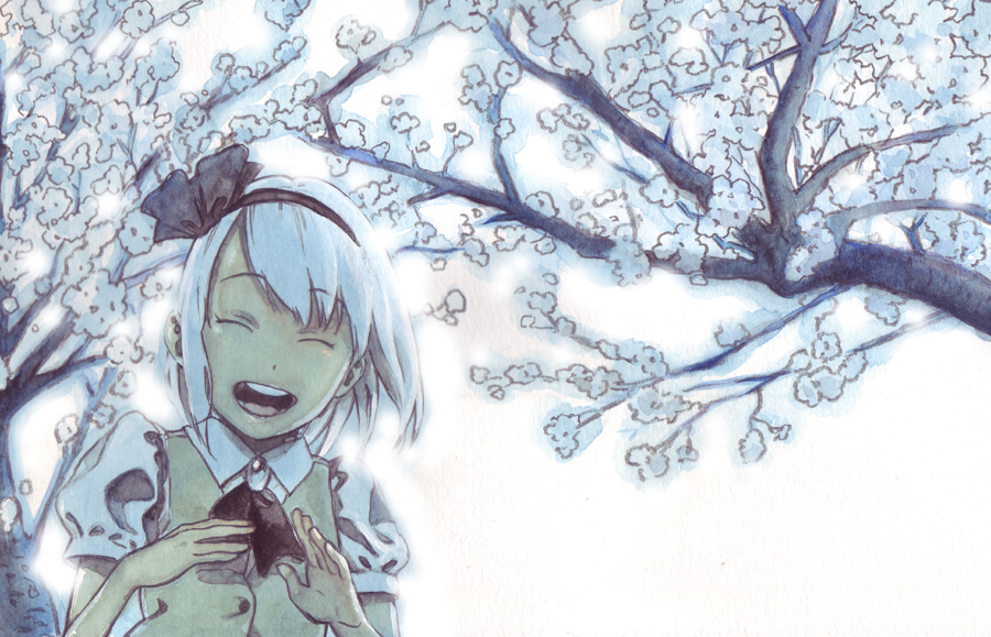 aka renga, raian, konpaku youmu, touhou, traditional media, 1girl, cherry blossoms, female focus, smile, solo, tree
