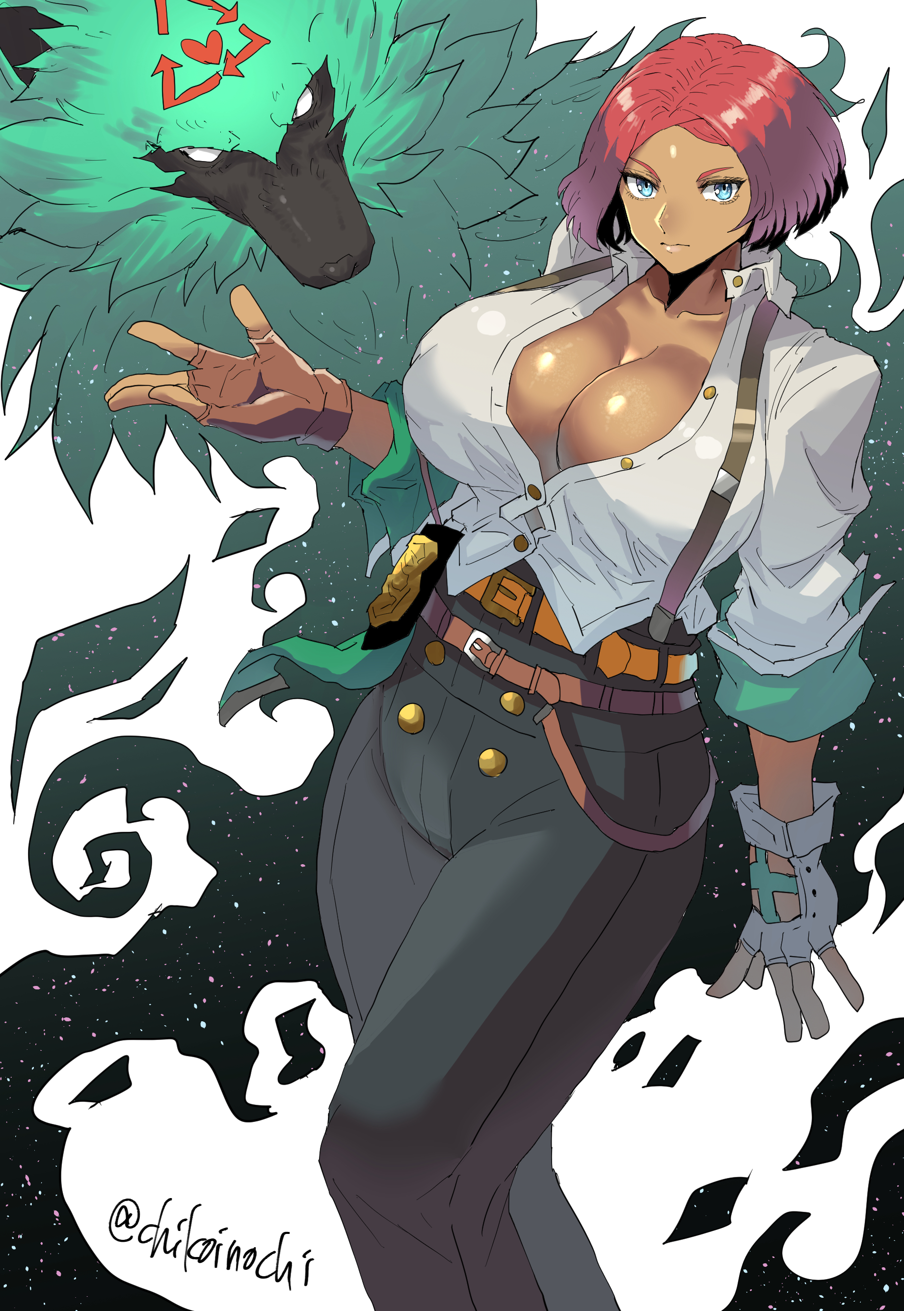 chikoinochi, giovanna (guilty gear), rei (guilty gear), guilty gear, absurdres, commentary, highres, 1girl, arrow (symbol), artist name, blue eyes, breasts, brown gloves, cleavage, dark-skinned female, dark skin, fingerless gloves, gloves, green fur, high-waist pants, large breasts, pants, partially unbuttoned, police badge, recycling symbol, red hair, short hair, sleeves pushed up, suspenders, twitter username, wolf