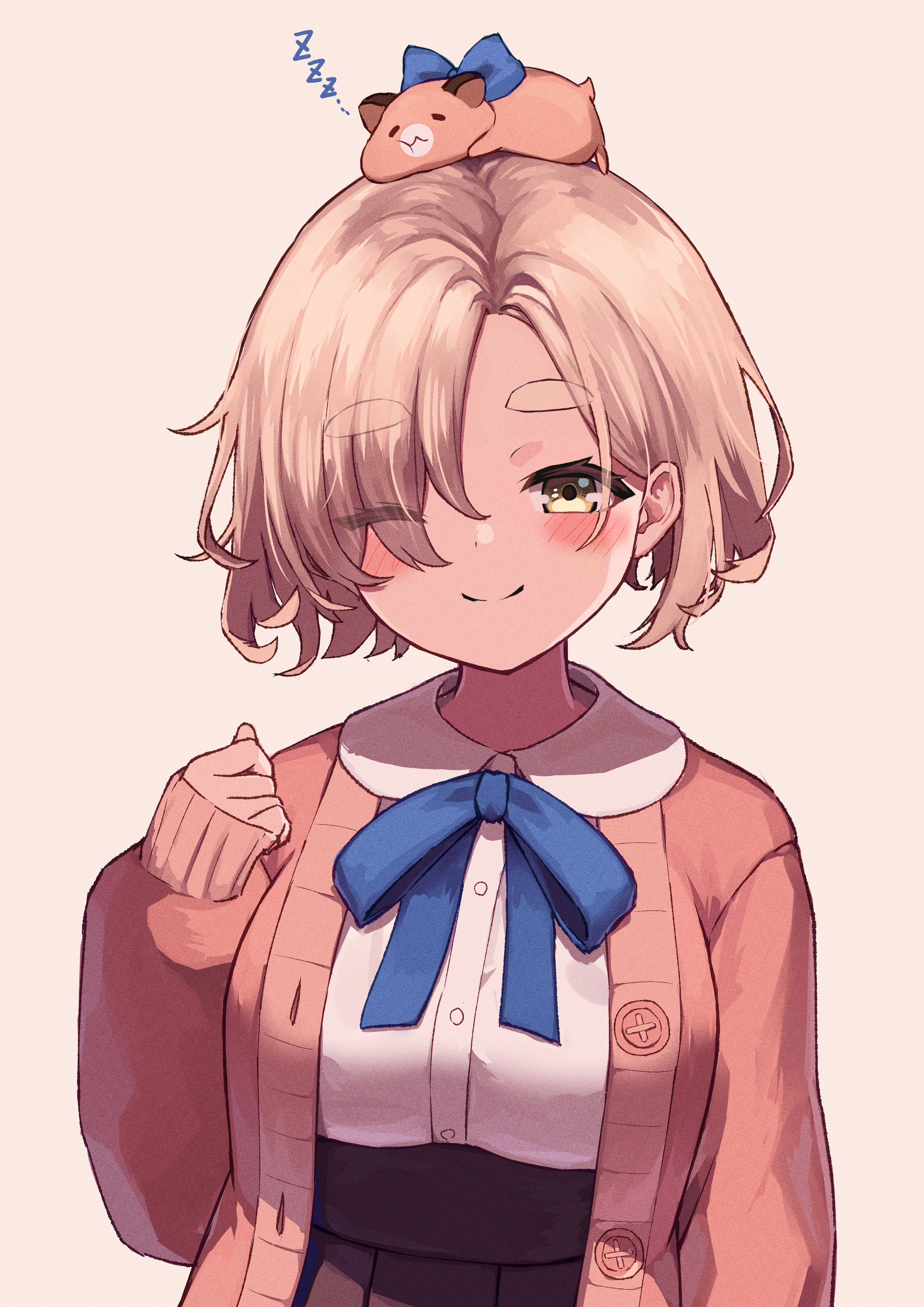 ami no fuda, gonzalez (machita chima), machita chima, machita chima (1st costume), nijisanji, absurdres, highres, 1girl, animal, animal on head, arm up, blonde hair, blue ribbon, blush, breasts, brown skirt, cardigan, hair over one eye, hamster, large breasts, long sleeves, looking at viewer, medium hair, messy hair, neck ribbon, on head, one eye closed, open cardigan, open clothes, pink cardigan, ribbon, shirt, short eyebrows, skirt, sleeping animal, smile, solo, tented shirt, thick eyebrows, upper body, virtual youtuber, white background, white shirt, yellow eyes, zzz