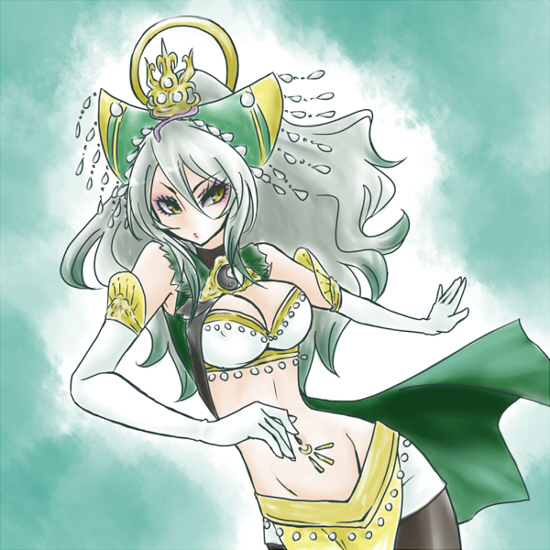 shimizu kokeshi, nu wa, musou orochi, musou orochi 2, 1girl, black pantyhose, breasts, cape, cleavage, elbow gloves, female focus, gloves, groin, large breasts, looking at viewer, midriff, navel, pantyhose, solo, tassel, white gloves, yin yang