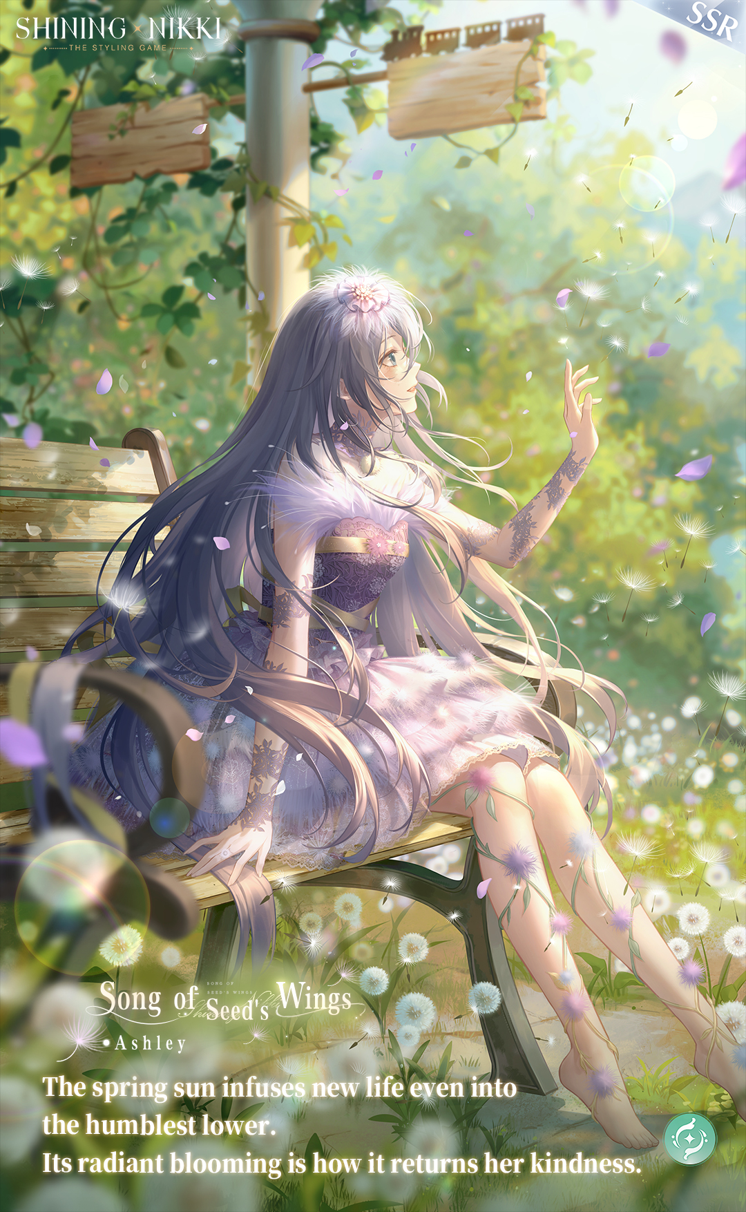 ashley (shining nikki), nikki (series), shining nikki, artist request, commentary, english commentary, highres, official art, second-party source, 1girl, arm ribbon, barefoot, blue eyes, blue sky, burn scar, character name, collar, copyright name, dandelion, dandelion seed, day, detached collar, dress, english text, floral print, flower, frilled dress, frills, full body, fur-trimmed dress, fur sleeves, fur trim, grey hair, hair between eyes, hair flower, hair ornament, happy, high collar, lace collar, lace ribbon, light particles, light rays, logo, long hair, looking ahead, medium dress, mountain, neck flower, off-shoulder dress, off shoulder, official alternate color, on bench, open mouth, outdoors, outstretched hand, overgrown, petals, plant, poetry of wind's journey (shining nikki), purple collar, purple dress, purple flower, purple ribbon, ribbon, scar, scar on face, short sleeves, sidelocks, signpost, sitting, sky, smile, solo, sunlight, tree, very long hair, vine on leg, vines, wavy hair
