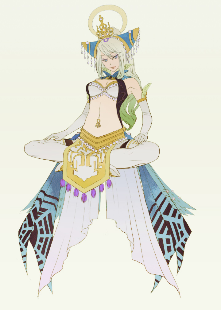 egawa satsuki, nu wa, musou orochi, musou orochi 2, silver hair, 1girl, belt, female focus, full body, gloves, hat, indian style, loincloth, long hair, looking at viewer, revealing clothes, silver background, simple background, sitting, solo, tassel