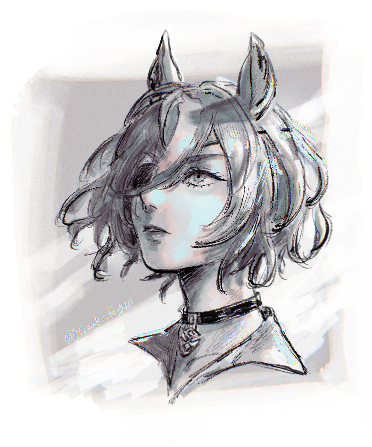 yuzuki v, tanino gimlet (umamusume), umamusume, highres, 1girl, animal ears, choker, collarbone, cropped shirt, eyepatch, greyscale, hair over one eye, horse ears, lips, monochrome, multicolored hair, parted lips, portrait, short hair, solo, twitter username, two-tone hair