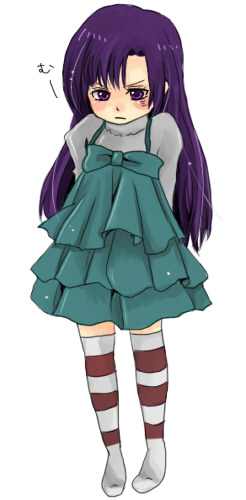 nattsu, nattsu08, kuhouin murasaki, kure-nai, kurenai, lowres, 00s, 1girl, arms behind back, black hair, blush, dress, female focus, long hair, socks, solo, striped clothes, striped socks, striped thighhighs, thighhighs, zettai ryouiki