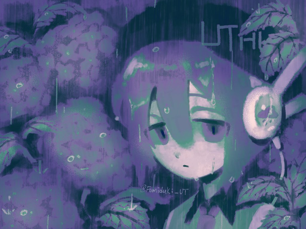 utane uta, utau, 1girl, beret, black hat, closed mouth, collared shirt, copyright name, expressionless, floral background, flower, frown, fumizuki fumi, half-closed eyes, hat, headphones, hydrangea, leaf, looking at viewer, necktie, outdoors, portrait, purple eyes, purple flower, purple necktie, purple theme, rain, shirt, short hair, solo, tareme, twitter username