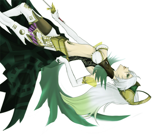 nu wa, musou orochi, musou orochi 2, silver hair, 1girl, belt, elbow gloves, female focus, gloves, gradient hair, green hair, loincloth, long hair, multicolored hair, silver background, simple background, solo, sword, upside-down, very long hair, weapon, white gloves