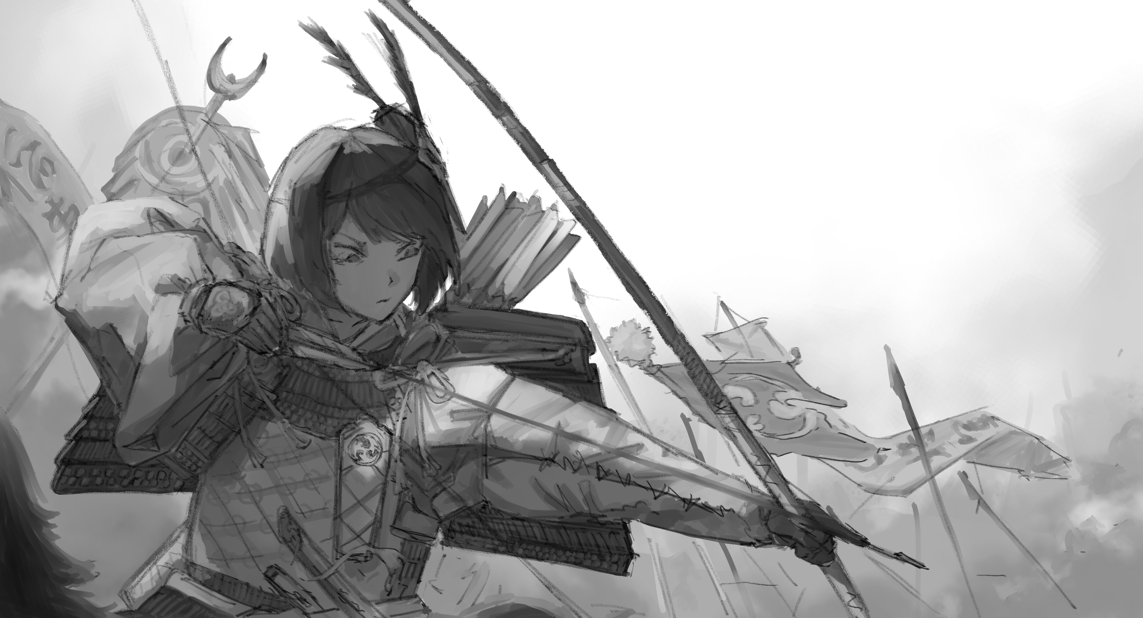 kujou sara, genshin impact, absurdres, highres, 1girl, aiming, armor, banner, battle, bow (weapon), drawing bow, greyscale, holding, holding bow (weapon), holding weapon, japanese armor, k0ushou, kote, mask, mask on head, monochrome, shoulder armor, sode, solo, upper body, weapon, yumi (bow)
