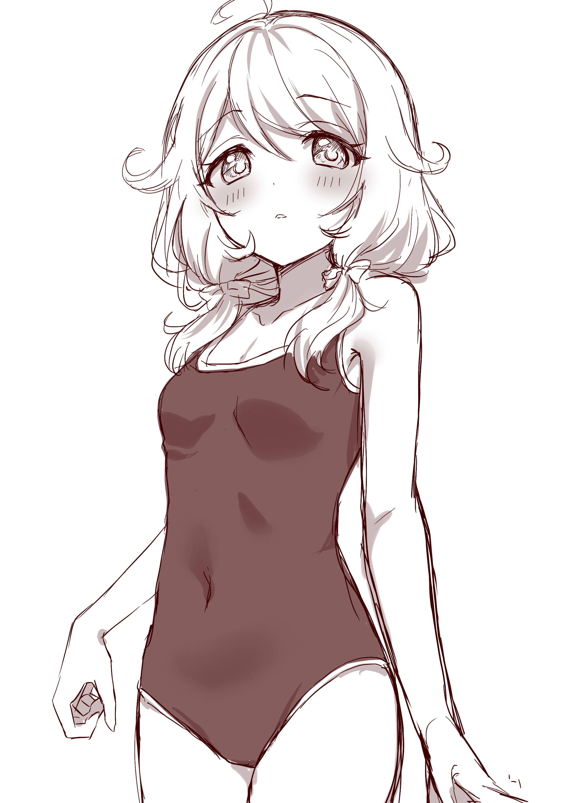 tottoto tomekichi, yusa kozue, idolmaster, idolmaster cinderella girls, absurdres, highres, 1girl, ahoge, bare arms, bare legs, bare shoulders, breasts, cleavage, closed mouth, collarbone, covered navel, cowboy shot, greyscale, hlush, monochrome, one-piece swimsuit, school swimsuit, simple background, small breasts, solo, swimsuit, thighs, white background