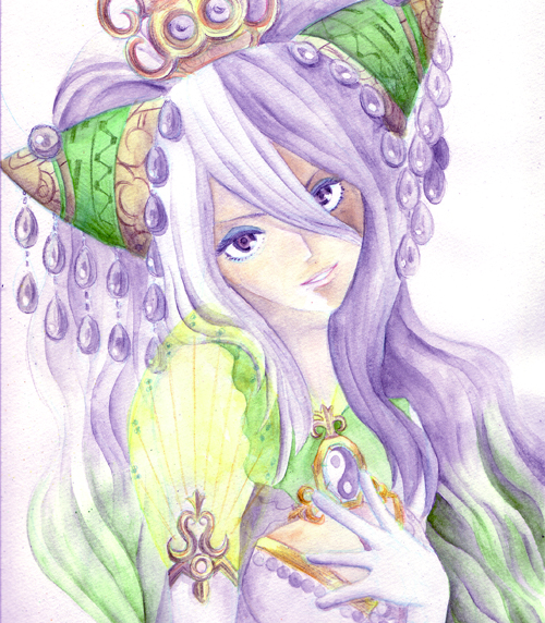 nu wa, musou orochi, musou orochi 2, 1girl, female focus, gloves, hand on own chest, hat, head tilt, looking at viewer, purple eyes, purple hair, solo, tassel, upper body, white gloves